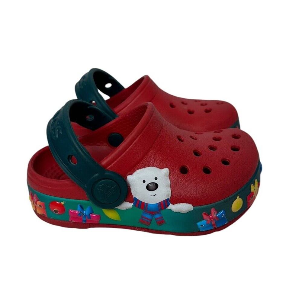 Crocs White Polar Bear‎ Red Green Christmas Holiday Light Up Shoes Toddler Sz C7
